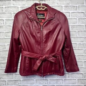 ♥️NWOT |•WILSONS LEATHER•| Gorgeous Burgundy Leather Belted Jacket Size Small